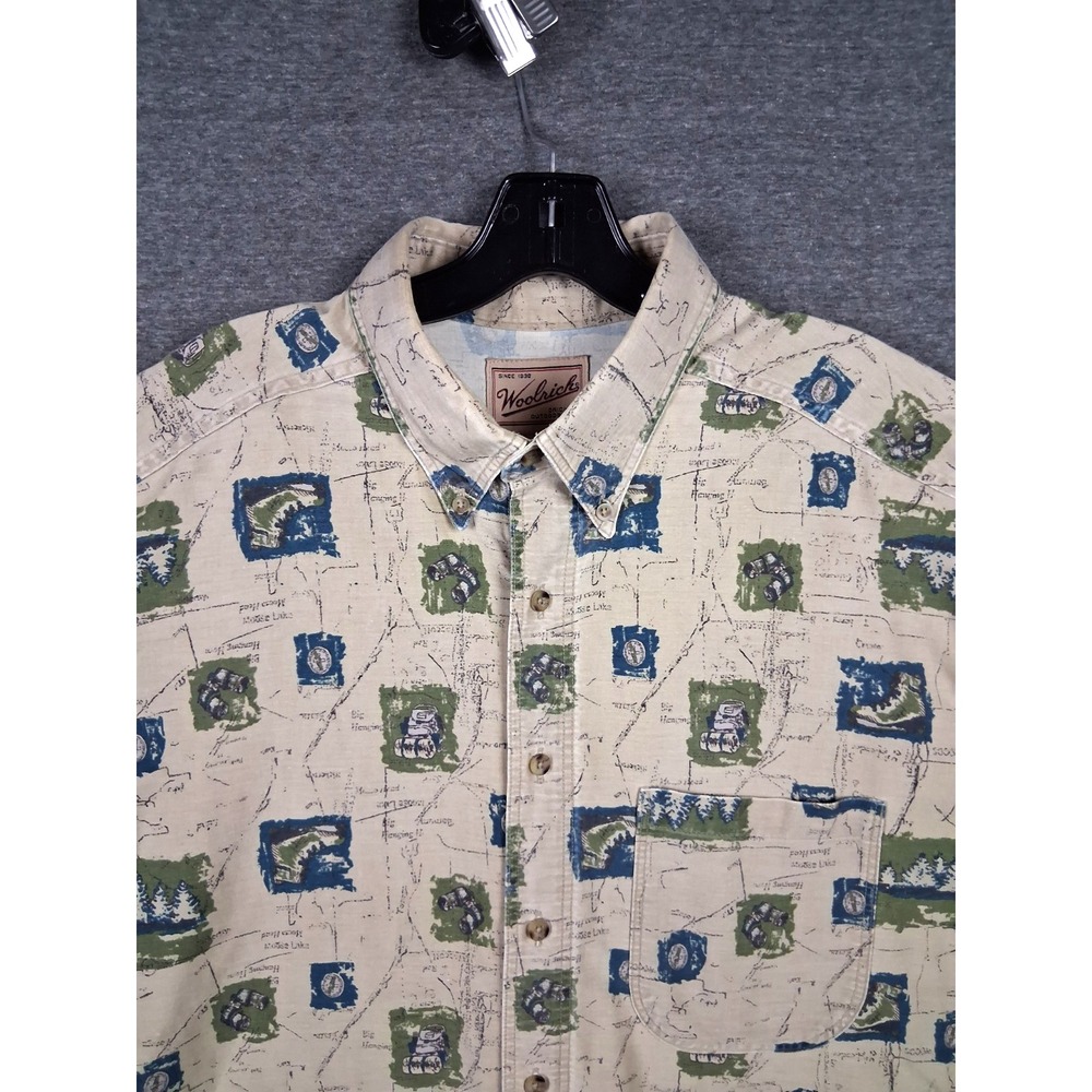 Woolrich Mens Shirt XL Tall Tan Explorer Theme Print Outdoor Gorp Hiking Camping - Picture 1 of 7
